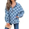 imageCHARTOU Women Plaid Denim Hoodies Pullover Oversized Jean Jacket Checker Half Zip Shirt Tops with DrawstringBlue