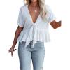 imageCHARTOU Womens Chic Summer V Neck Tie Knot Crop Top Short Sleeve Ruffle Blouse ShirtWhite