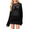 imageCHARTOU Womens Sexy Hollow Out Knit Pullover Tops Crew Neck Crochet Long Sleeve Sweater Loose Tee ShirtsBlack