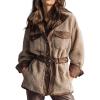 imageCHARTOU Womens Thicken Shearling Coat Winter Patchwork PU Leather Belted Stand Collar Sherpa Shirt JacketsBrown