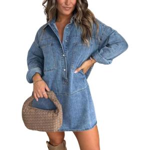 imageCHARTOU Denim Tunic Top Pullover Casual Button V Neck Blouse Loose Fit Long Sleeve Jean Jacket with SlitBlue