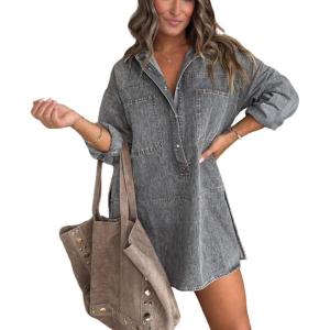 imageCHARTOU Denim Tunic Top Pullover Casual Button V Neck Blouse Loose Fit Long Sleeve Jean Jacket with SlitGrey