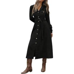 imageCHARTOU Women Long Corduroy Dress Fall Casual Long Sleeve Button Down Corduroy Shirt Dress with BeltBlack