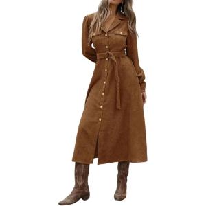 imageCHARTOU Women Long Corduroy Dress Fall Casual Long Sleeve Button Down Corduroy Shirt Dress with BeltBrown