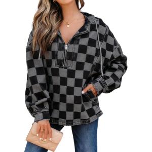 imageCHARTOU Women Plaid Denim Hoodies Pullover Oversized Jean Jacket Checker Half Zip Shirt Tops with DrawstringBlack