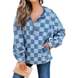 imageCHARTOU Women Plaid Denim Hoodies Pullover Oversized Jean Jacket Checker Half Zip Shirt Tops with DrawstringBlue