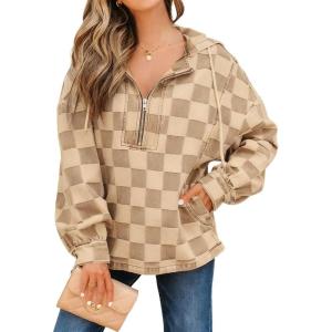 imageCHARTOU Women Plaid Denim Hoodies Pullover Oversized Jean Jacket Checker Half Zip Shirt Tops with DrawstringKhaki