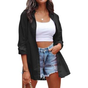 imageCHARTOU Womens Boyfriend Style Button Down Long Sleeve Candy Color Blouse Shirt TopsBlack