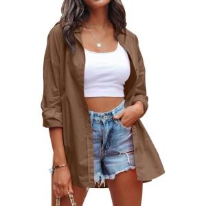 imageCHARTOU Womens Boyfriend Style Button Down Long Sleeve Candy Color Blouse Shirt TopsCoffee