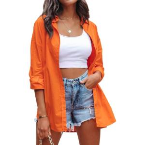 imageCHARTOU Womens Boyfriend Style Button Down Long Sleeve Candy Color Blouse Shirt TopsOrange