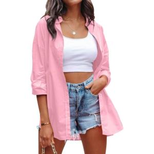 imageCHARTOU Womens Boyfriend Style Button Down Long Sleeve Candy Color Blouse Shirt TopsPink