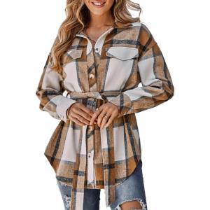 imageCHARTOU Womens Brushed Flannel Plaid Oversized Belted Button Down Shirt ShacketKhaki