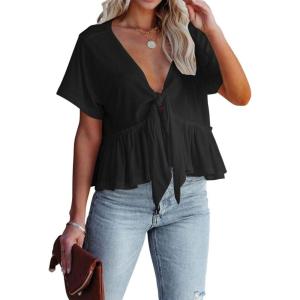 imageCHARTOU Womens Chic Summer V Neck Tie Knot Crop Top Short Sleeve Ruffle Blouse ShirtBlack