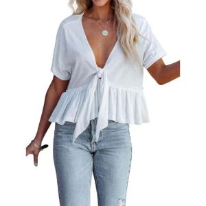 imageCHARTOU Womens Chic Summer V Neck Tie Knot Crop Top Short Sleeve Ruffle Blouse ShirtWhite