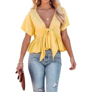 imageCHARTOU Womens Chic Summer V Neck Tie Knot Crop Top Short Sleeve Ruffle Blouse ShirtYellow