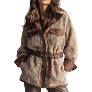 imageCHARTOU Womens Thicken Shearling Coat Winter Patchwork PU Leather Belted Stand Collar Sherpa Shirt JacketsBrown