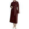 imageCHARTOU Women Long Wool Pea Coat Winter Warm Asymmetric Lapel Double Breasted Outwear Overcoat with BeltWine Red