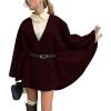 imageCHARTOU Women Winter Wool Poncho Pea Coat V Neck Batwing Sleeve Cape Cloak Trench Overcoat with BeltWine Red