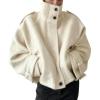 imageCHARTOU Women Wool Cropped Pea Coat Jacket Winter Stand Collar Zip Up Batwing Long Sleeve OvercoatBeige