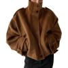 imageCHARTOU Women Wool Cropped Pea Coat Jacket Winter Stand Collar Zip Up Batwing Long Sleeve OvercoatBrown