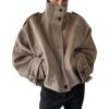 imageCHARTOU Women Wool Cropped Pea Coat Jacket Winter Stand Collar Zip Up Batwing Long Sleeve OvercoatKhaki