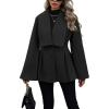imageCHARTOU Women Wool Pea Coat Jacket Fall Winter Lapel Flared Long Sleeve Pleated Outwear Trench OvercoatBlack