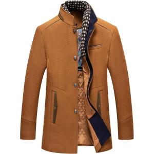 imageCHARTOU Mens Casual Single Breasted Quilted Wool Blend Pea Coat Overcoat with Detachable ScarfCamel