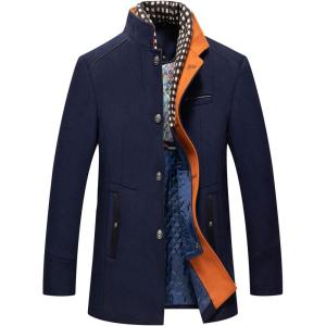 imageCHARTOU Mens Casual Single Breasted Quilted Wool Blend Pea Coat Overcoat with Detachable ScarfNavy