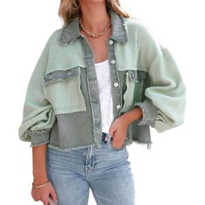 imageCHARTOU Women Casual Ripped Waffle Knit Shacket Jacket Cropped Button Down Shirt Shacket with PocketsGreen