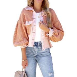 imageCHARTOU Women Casual Ripped Waffle Knit Shacket Jacket Cropped Button Down Shirt Shacket with PocketsPink