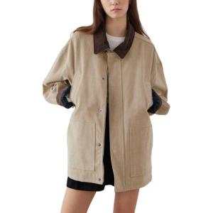 imageCHARTOU Women Fall Color Contrast Shirt Jacket Oversized Lapel Long Sleeve Zipper Snap Button Cargo ShacketKhaki