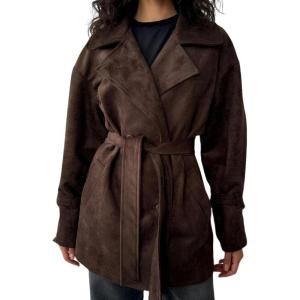 imageCHARTOU Women Faux Suede Leather Jacket Coat Oversized Button Down Long Sleeve Outwear Coat with BeltBrown
