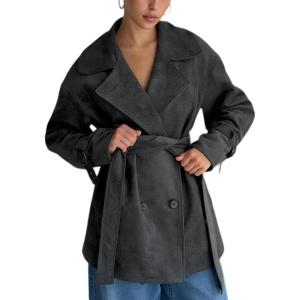 imageCHARTOU Women Faux Suede Leather Jacket Coat Oversized Button Down Long Sleeve Outwear Coat with BeltGrey