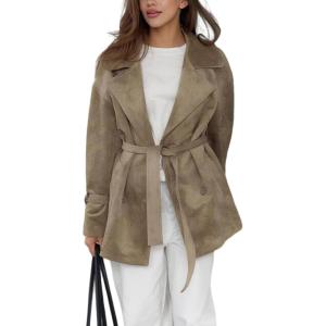 imageCHARTOU Women Faux Suede Leather Jacket Coat Oversized Button Down Long Sleeve Outwear Coat with BeltKhaki