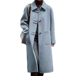 imageCHARTOU Women Long Pea Coat Winter Wool Trench Jacket Vintage Horn Buckle Overcoat with PocketsBlue