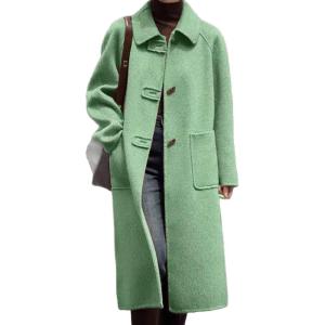 imageCHARTOU Women Long Pea Coat Winter Wool Trench Jacket Vintage Horn Buckle Overcoat with PocketsGreen