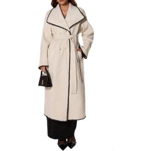 imageCHARTOU Women Long Winter Wool Pea Coat Warm Color Contrast Double Breast Outwear Belted Trench OvercoatWhite
