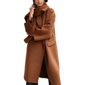 imageCHARTOU Women Long Wool Pea Coat Fall Winter Lapel Double Breasted Midi Trench Overcoat with ScarfBrown