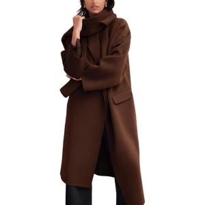 imageCHARTOU Women Long Wool Pea Coat Fall Winter Lapel Double Breasted Midi Trench Overcoat with ScarfCoffee
