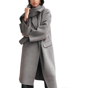 imageCHARTOU Women Long Wool Pea Coat Fall Winter Lapel Double Breasted Midi Trench Overcoat with ScarfGrey