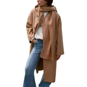 imageCHARTOU Women Long Wool Pea Coat Fall Winter Lapel Double Breasted Midi Trench Overcoat with ScarfKhaki