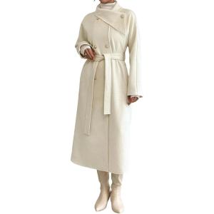 imageCHARTOU Women Long Wool Pea Coat Winter Warm Asymmetric Lapel Double Breasted Outwear Overcoat with BeltBeige