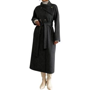 imageCHARTOU Women Long Wool Pea Coat Winter Warm Asymmetric Lapel Double Breasted Outwear Overcoat with BeltDark Grey