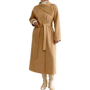 imageCHARTOU Women Long Wool Pea Coat Winter Warm Asymmetric Lapel Double Breasted Outwear Overcoat with BeltKhaki