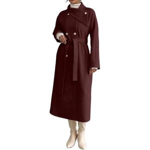 imageCHARTOU Women Long Wool Pea Coat Winter Warm Asymmetric Lapel Double Breasted Outwear Overcoat with BeltWine Red