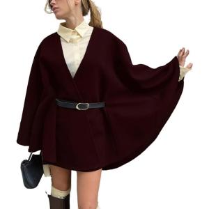 imageCHARTOU Women Winter Wool Poncho Pea Coat V Neck Batwing Sleeve Cape Cloak Trench Overcoat with BeltWine Red