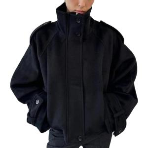 imageCHARTOU Women Wool Cropped Pea Coat Jacket Winter Stand Collar Zip Up Batwing Long Sleeve OvercoatBlack