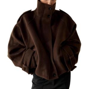 imageCHARTOU Women Wool Cropped Pea Coat Jacket Winter Stand Collar Zip Up Batwing Long Sleeve OvercoatCoffee
