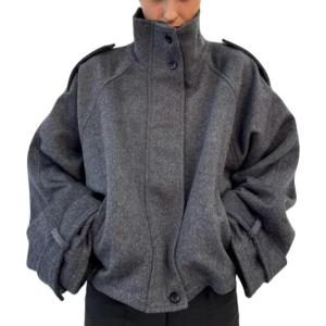 imageCHARTOU Women Wool Cropped Pea Coat Jacket Winter Stand Collar Zip Up Batwing Long Sleeve OvercoatGrey