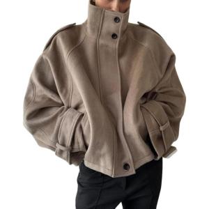 imageCHARTOU Women Wool Cropped Pea Coat Jacket Winter Stand Collar Zip Up Batwing Long Sleeve OvercoatKhaki